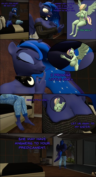 Size: 4362x8000 | Tagged: questionable, artist:antonioy111, derpibooru import, princess luna, oc, oc:lucky, alicorn, anthro, pegasus, plantigrade anthro, comic:lucky's luck, 3d, areola, ass, bed, belly button, between breasts, big breasts, breasts, busty princess luna, butt, clothed female nude female, clothes, collar, comic, commission, dialogue, duo, erect nipples, eyes closed, female, image, jpeg, kissing, looking down, macro, moonbutt, nipples, nudity, open mouth, pants, pillow, rear view, shirt, sideboob, sitting, smooch, source filmmaker, spread wings, tail, talking, text, thighs, wide hips, wings