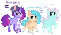 Size: 2977x1694 | Tagged: safe, artist:moccabliss, derpibooru import, oc, oc:blueberry muffin, oc:cotton candy, oc:grape soda, unofficial characters only, earth pony, pony, unicorn, colt, female, filly, image, magical lesbian spawn, male, mare, offspring, parent:bon bon, parent:lyra heartstrings, parents:lyrabon, png