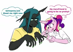 Size: 1173x842 | Tagged: safe, artist:redxbacon, derpibooru import, princess cadance, queen chrysalis, alicorn, anthro, changeling, changeling queen, cadalis, female, image, infidelity, jpeg, lesbian, nail polish, shipping, thought bubble