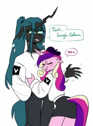 Size: 1036x1410 | Tagged: suggestive, artist:redxbacon, derpibooru import, princess cadance, queen chrysalis, alicorn, anthro, changeling, changeling queen, cadalis, female, grope, image, infidelity, jpeg, lesbian, shipping