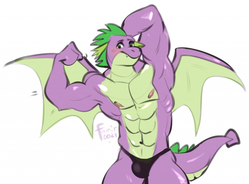 Size: 990x733 | Tagged: suggestive, artist:famir, derpibooru import, spike, anthro, dragon, abs, armpits, belly button, biceps, bulges, digital art, flexing, image, male, male nipples, muscles, nipples, nudity, older, older spike, pecs, png, pose, simple background, solo, solo male, speedo, spread wings, tail, white background, wings