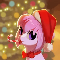 Size: 2000x2000 | Tagged: safe, artist:vistamage, derpibooru import, oc, unofficial characters only, pony, candy, candy cane, christmas, commission, food, hat, holiday, image, jpeg, santa hat, solo, ych result