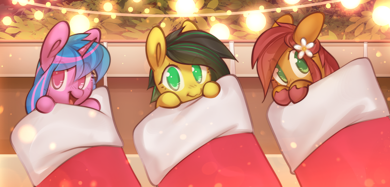 Size: 3564x1716 | Tagged: safe, artist:mirroredsea, derpibooru import, oc, oc:echo shade, oc:lightning bug, unofficial characters only, earth pony, pegasus, unicorn, christmas, christmas stocking, commission, cute, earth pony oc, eye clipping through hair, eyebrows, eyebrows visible through hair, female, happy, holiday, horn, image, lights, looking at you, open mouth, open smile, pegasus oc, png, smiling, trio, trio female, unicorn oc, wings, ych result, your character here