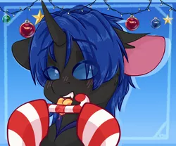 Size: 2400x2000 | Tagged: suggestive, artist:etoz, derpibooru import, oc, oc:swift dawn, unofficial characters only, changeling, pony, blushing, candy, candy cane, changeling oc, christmas, christmas stocking, clothes, commission, drool, drool string, eating, eyebrows, eyebrows visible through hair, fangs, food, happy, high res, holiday, horn, horny, image, licking, male, merry christmas, png, salivating, shy, smiling, socks, stallion, stockings, striped socks, striped stockings, teeth, thigh highs, tongue out, ych result