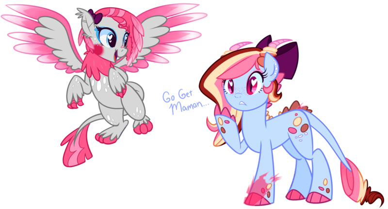 Size: 2559x1383 | Tagged: safe, artist:khimi-chan, derpibooru import, oc, oc:polly, unofficial characters only, dracony, dragon, hybrid, pony, background removed, bow, duo, female, hair bow, image, mare, png, raised hoof, simple background, smiling, species swap, transparent background, wings