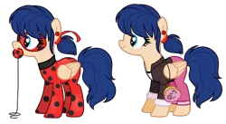 Size: 1752x960 | Tagged: safe, artist:gihhbloonde, derpibooru import, ponified, pegasus, pony, base used, clothes, costume, duo, ear piercing, eyelashes, female, image, mare, marinette dupain-cheng, mask, miraculous ladybug, mouth hold, piercing, png, simple background, smiling, transparent background, wings, yo-yo
