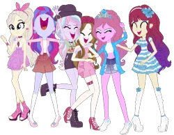 Size: 810x628 | Tagged: safe, artist:gihhbloonde, derpibooru import, oc, oc:condensed milk, oc:gihh bloonde, oc:music melody, unofficial characters only, equestria girls, base used, clothes, dress, eyelashes, eyes closed, female, group, image, png, side hug, simple background, skirt, smiling, transparent background