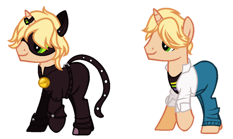 Size: 984x588 | Tagged: safe, artist:gihhbloonde, derpibooru import, ponified, pony, unicorn, adrien agreste, animal costume, base used, cat costume, clothes, costume, duo, horn, horn ring, image, jewelry, male, mask, miraculous ladybug, pants, png, raised hoof, ring, simple background, smiling, stallion, transparent background