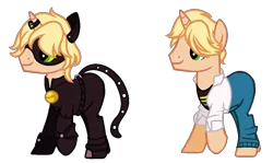 Size: 984x588 | Tagged: safe, artist:gihhbloonde, derpibooru import, ponified, pony, unicorn, adrien agreste, animal costume, base used, cat costume, clothes, costume, duo, horn, horn ring, image, jewelry, male, mask, miraculous ladybug, pants, png, raised hoof, ring, simple background, smiling, stallion, transparent background