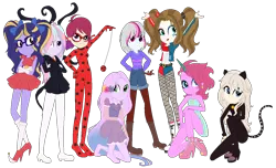Size: 1372x834 | Tagged: safe, artist:gihhbloonde, derpibooru import, oc, oc:condensed milk, oc:sci bella, unofficial characters only, equestria girls, adrien agreste, base used, clothes, cosplay, costume, dc comics, eyelashes, female, group, harley quinn, high heels, image, marinette dupain-cheng, mask, miraculous ladybug, png, shoes, simple background, smiling, transparent background