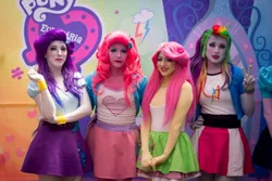 Size: 912x608 | Tagged: safe, derpibooru import, applejack, big macintosh, flash sentry, fluttershy, pinkie pie, rainbow dash, snails, twilight sparkle, vinyl scratch, human, equestria girls, clothes, dancing, eqg el show en vivo, image, irl, irl human, jpeg, legs, live action, panties, photo, underwear