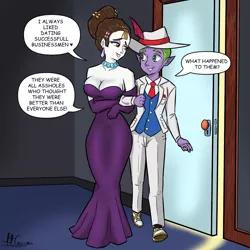 Size: 1300x1300 | Tagged: safe, artist:mitconnors, derpibooru import, raven, spike, dragon, human, unicorn, equestria girls, bedroom eyes, breasts, clothes, comic, cute, date, date night, dialogue, door, dress, ear piercing, earring, fancy dress, feather, female, gala dress, gemstones, hair bun, hat, humanized, image, jewelry, male, necklace, necktie, piercing, png, purple dress, raven inkwell, ravenbetes, ravenspike, secretary, shipping, shoes, spikabetes, spikelove, straight, strapless dress, suit, vest, white suit