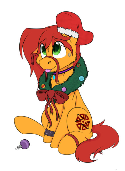 Size: 1568x2144 | Tagged: safe, artist:rokosmith26, derpibooru import, oc, oc:kale triton, unofficial characters only, earth pony, pony, anklet, bow, cheek fluff, chest fluff, christmas, christmas stocking, christmas wreath, commission, earth pony oc, floppy ears, holiday, image, jewelry, looking up, male, necklace, one ear down, png, raised hoof, ribbon, simple background, sitting, smiling, solo, stallion, sweat, sweatdrop, tail, tongue out, transparent background, wreath, ych result