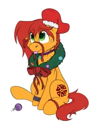 Size: 1568x2144 | Tagged: safe, artist:rokosmith26, derpibooru import, oc, oc:kale triton, unofficial characters only, earth pony, pony, anklet, bow, cheek fluff, chest fluff, christmas, christmas stocking, christmas wreath, commission, earth pony oc, floppy ears, holiday, image, jewelry, looking up, male, necklace, one ear down, png, raised hoof, ribbon, simple background, sitting, smiling, solo, stallion, sweat, sweatdrop, tail, tongue out, transparent background, wreath, ych result