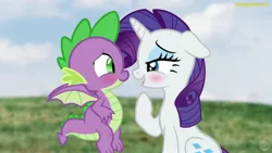 Size: 2048x1151 | Tagged: safe, artist:georgegarza01, derpibooru import, rarity, spike, dragon, pony, unicorn, blushing, cute, duo, female, image, jpeg, looking at each other, looking at someone, male, mare, open mouth, raribetes, shipping, smiling, sparity, spikabetes, straight, winged spike, wings