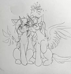Size: 879x920 | Tagged: safe, derpibooru import, oc, oc:diana melody, oc:yuna hala, unofficial characters only, alicorn, pony, unicorn, alicorn oc, christmas, female, holiday, horn, image, mare, mistletoe, png, traditional art, wings