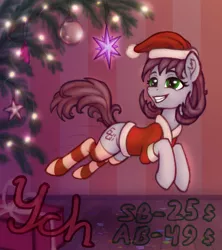 Size: 900x1013 | Tagged: safe, artist:eltaile, derpibooru import, pony, advertisement, christmas, christmas tree, clothes, commission, costume, hat, holiday, image, jpeg, santa costume, santa hat, socks, solo, stockings, thigh highs, tree, your character here