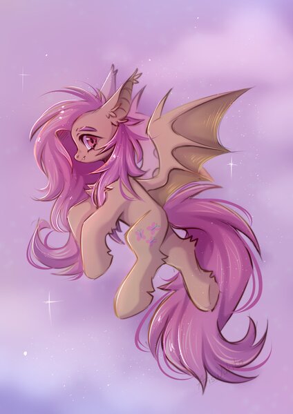 Size: 2480x3508 | Tagged: safe, artist:arisuyukita, derpibooru import, fluttershy, bat pony, pony, bat ponified, fangs, female, flutterbat, flying, image, jpeg, race swap, red eyes, side view, simple background, solo, sparkles