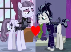 Size: 1210x890 | Tagged: safe, derpibooru import, edit, screencap, inky rose, snow hope, earth pony, pegasus, pony, fake it 'til you make it, honest apple, clothes, crack shipping, cropped, cutie mark, edward scissorhands, female, goth, goth pony, gothic, heart, hooves, image, inkyhope, insulted, jacket, leather jacket, male, mare, png, shipping, shipping domino, stallion, straight, wings