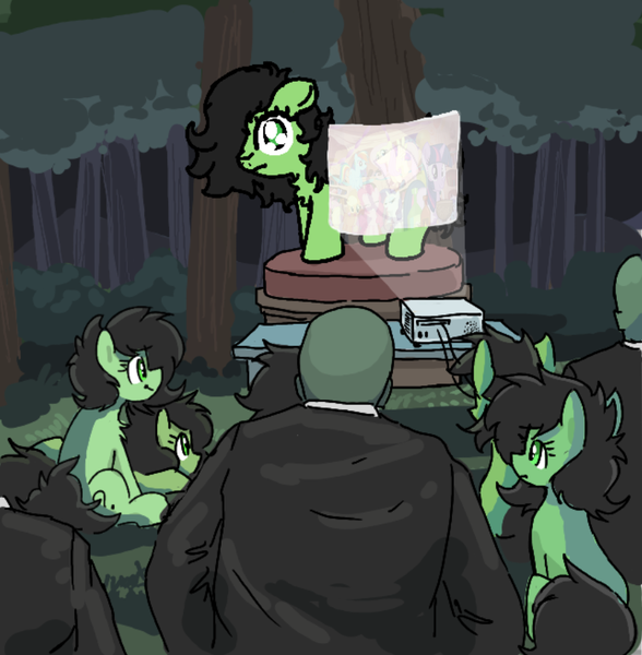 Size: 864x882 | Tagged: safe, artist:zajice, derpibooru import, oc, oc:anon, oc:anonfilly, human, pony, female, filly, forest, image, movie night, png, projector, tree