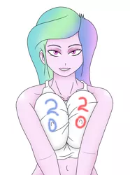 Size: 2236x3006 | Tagged: suggestive, artist:edhendra, artist:sandypeacebringer, derpibooru import, princess celestia, equestria girls, 2020, artist, bare shoulders, bedroom eyes, belly button, big breasts, breast squish, breasts, busty princess celestia, clothes, erect nipples, female, image, jpeg, looking at you, midriff, nipple outline, principal celestia, simple background, smiling, solo, white background