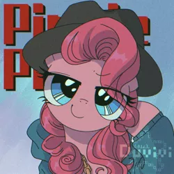 Size: 2000x2000 | Tagged: safe, artist:duvivi, derpibooru import, pinkie pie, earth pony, pony, testing testing 1-2-3, chains, eye clipping through hair, female, hat, image, jpeg, lidded eyes, looking at you, mare, rapper pie, smiling, solo