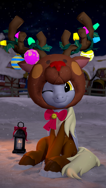 Size: 2160x3840 | Tagged: safe, artist:owlpirate, derpibooru import, derpy hooves, pegasus, pony, 3d, 4k, animal costume, bow, christmas, christmas lights, christmas ornament, clothes, costume, cute, decoration, derpabetes, female, high res, holiday, image, lantern, looking at you, mare, one eye closed, png, reindeer costume, sitting, snow, solo, source filmmaker, wink, winking at you