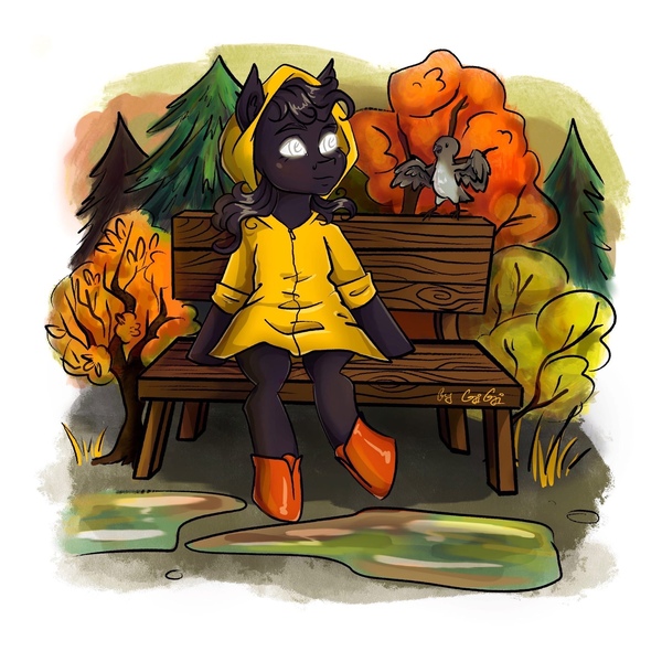 Size: 2161x2160 | Tagged: safe, artist:gigisarts, derpibooru import, oc, oc:mia, bird, earth pony, pony, autumn, beholder, commission, image, jpeg, solo, white eyes