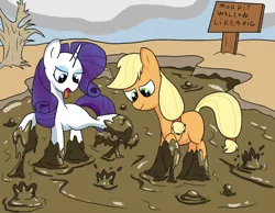 Size: 1800x1400 | Tagged: safe, artist:amateur-draw, derpibooru import, applejack, rarity, earth pony, pony, unicorn, covered in mud, female, image, lesbian, mare, mud, mud bath, mud play, mud pony, muddy, png, rarijack, shipping, sign, wet and messy