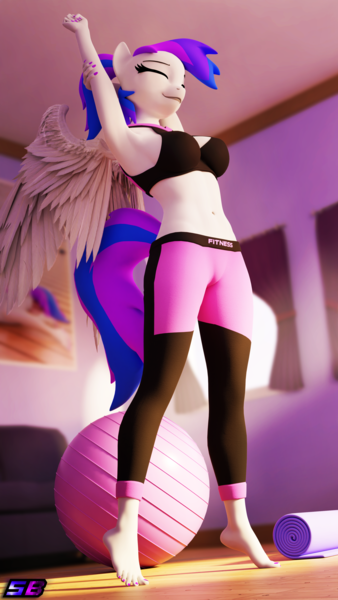 Size: 2160x3840 | Tagged: safe, artist:shadowboltsfm, derpibooru import, oc, oc:inkwell stylus, anthro, pegasus, plantigrade anthro, 3d, 4k, alternate hairstyle, barefoot, blender, bra, breasts, clothes, crop top bra, cute, eyes closed, feet, heel pop, image, nail polish, not sfm, pants, png, ponytail, smiling, stretching, underwear, wings, yoga pants