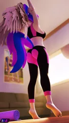 Size: 2160x3840 | Tagged: safe, artist:shadowboltsfm, derpibooru import, oc, oc:inkwell stylus, anthro, pegasus, plantigrade anthro, 3d, 4k, alternate hairstyle, barefoot, blender, bra, breasts, clothes, crop top bra, feet, heel pop, image, nail polish, not sfm, pants, png, ponytail, sideboob, stretching, underwear, wings, yoga pants