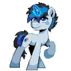 Size: 640x640 | Tagged: safe, artist:hikkage, derpibooru import, oc, oc:solar gizmo, unofficial characters only, pony, unicorn, animated, blinking, blue eyes, commission, cute, gif, glow, glowing horn, horn, idle animation, image, looking at something, magic, magic aura, male, pixel art, raised hoof, simple background, smiling, solo, stallion, tail, transparent background, two toned mane, two toned tail, unicorn oc