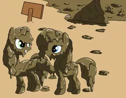 Size: 1800x1400 | Tagged: safe, artist:amateur-draw, derpibooru import, applejack, rarity, earth pony, pony, unicorn, covered in mud, female, hoofbump, image, lesbian, mare, mud, mud bath, mud play, mud pony, muddy, png, quicksand, rarijack, shipping, sign, wet and messy