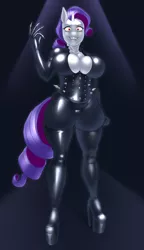 Size: 3411x5918 | Tagged: suggestive, artist:buffbumblebee, derpibooru import, rarity, anthro, big breasts, bodysuit, breasts, catsuit, clothes, derpibooru exclusive, evil rarity, high heels, image, latex, png, shoes, spikes