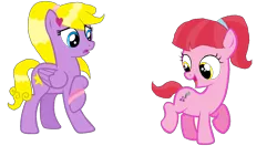 Size: 4368x2464 | Tagged: safe, artist:lnlaarts, derpibooru import, oc, oc:starry wishes, unnamed oc, unofficial characters only, earth pony, pegasus, pony, derpibooru community collaboration, 2022 community collab, base used, blue eyes, bracelet, duo, duo female, female, filly, foal, folded wings, image, jewelry, looking at someone, looking back, mane, mare, png, ponytail, raised hoof, simple background, smilling, standing, tail, transparent background, two toned mane, two toned tail, wings, yellow eyes