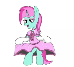 Size: 2000x1800 | Tagged: safe, artist:amateur-draw, derpibooru import, oc, oc:belle boue, pony, unicorn, bipedal, clothes, crossdressing, dress, dress lift, evening gloves, gloves, image, latex, latex maid, long gloves, maid, makeup, male, png, simple background, sissy, solo, stallion, white background