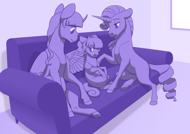 Size: 3508x2480 | Tagged: safe, artist:jackiebloom, derpibooru import, rarity, twilight sparkle, twilight sparkle (alicorn), oc, oc:twilight moonstone, alicorn, pony, female, filly, image, magical lesbian spawn, monochrome, offspring, parent:rarity, parent:twilight sparkle, parents:rarilight, png