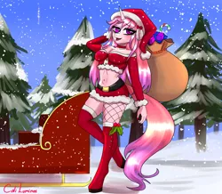 Size: 2672x2326 | Tagged: safe, artist:cali luminos, derpibooru import, oc, oc:aine, unofficial characters only, anthro, unicorn, avatar, bag, candy, candy cane, christmas, female, food, holiday, image, jpeg, present, profile, sled, snow, snowfall, solo, tree