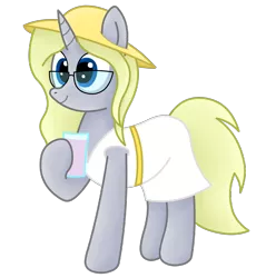 Size: 2876x2900 | Tagged: safe, artist:rainbowšpekgs, derpibooru import, oc, oc:silver bullet, unofficial characters only, pony, unicorn, derpibooru community collaboration, 2022 community collab, clothes, dress, female, glass, glasses, hat, image, juice, lemonade, mare, png, solo, standing, sundress