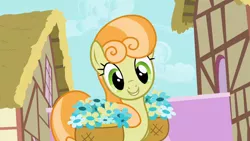 Size: 1920x1080 | Tagged: safe, derpibooru import, screencap, junebug, earth pony, pony, season 2, secret of my excess, cute, female, flower, image, mare, png, smiling, solo