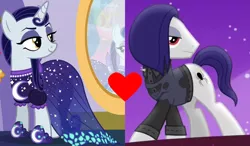 Size: 2040x1193 | Tagged: safe, derpibooru import, edit, screencap, funnel web, moonlight raven, earth pony, pony, unicorn, canterlot boutique, honest apple, clothes, crack shipping, cropped, dress, female, heart, image, lidded eyes, male, mare, mirror, moonweb, over the moon, png, shipping, shipping domino, smiling, straight, when she smiles
