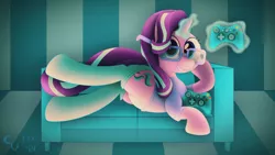 Size: 1280x721 | Tagged: safe, artist:cosmikvek, derpibooru import, starlight glimmer, pony, unicorn, belly button, clothes, controller, couch, female, gaming, glasses, glow, glowing horn, horn, image, jpeg, looking at you, magic, nerdy, smiling, smiling at you, socks, solo, stockings, telekinesis, thigh highs