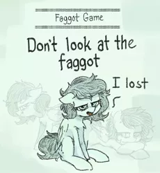 Size: 702x762 | Tagged: safe, artist:plunger, derpibooru import, oc, oc:anonfilly, unofficial characters only, pegasus, pony, annoyed, chicken game, faggot, female, filly, image, jpeg, meme, ponified meme, sitting, slur, the game, vulgar