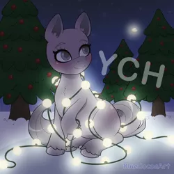 Size: 2048x2048 | Tagged: safe, artist:bluecocoaart, derpibooru import, firefly (insect), insect, pony, christmas, christmas lights, christmas tree, commission, holiday, image, night, outdoors, png, smiling, snow, solo, tree, your character here