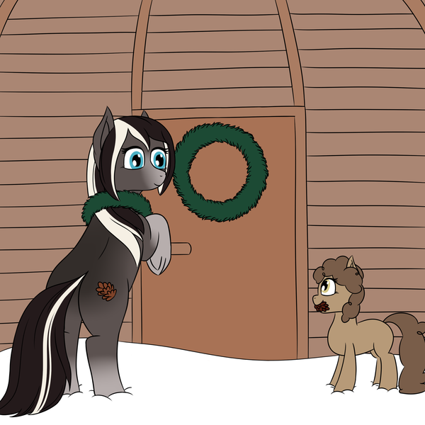 Size: 2000x2000 | Tagged: safe, artist:everfreeemergencies, oc, oc:pine ponder, unofficial characters only, pony, taiga pony, blaze (coat marking), duo, female, filly, image, mare, mouth hold, pinecone, png, rearing, socks (coat marking), wreath