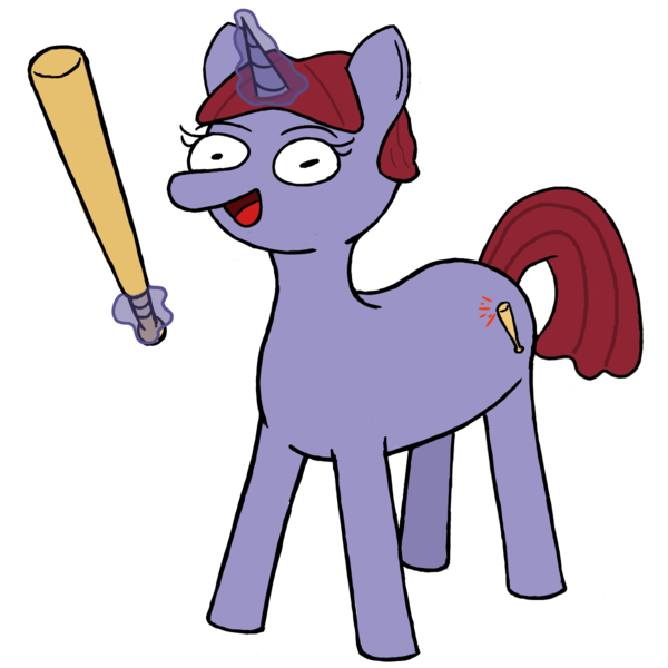 Size: 1200x1200 | Tagged: safe, artist:potatoconnoisseur, derpibooru import, oc, oc:assaultina, unofficial characters only, pony, unicorn, derpibooru community collaboration, 2022 community collab, baseball bat, derpibooru exclusive, female, fixed, image, looking at you, magic, magic aura, mare, png, simple background, smiling, solo, transparent background