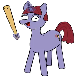 Size: 1200x1200 | Tagged: safe, artist:potatoconnoisseur, derpibooru import, oc, oc:assaultina, unofficial characters only, pony, unicorn, derpibooru community collaboration, 2022 community collab, baseball bat, derpibooru exclusive, female, fixed, image, looking at you, magic, magic aura, mare, png, simple background, smiling, solo, transparent background