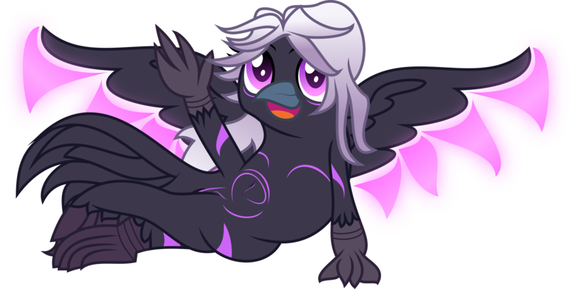 Size: 4029x2040 | Tagged: safe, artist:lincolnbrewsterfan, derpibooru import, oc, oc:shade the raven, bird, gryphon, raven (bird), derpibooru community collaboration, 2022 community collab, artificial wings, augmented, belly button, body markings, crossed legs, :d, derpibooru exclusive, eyebrows, feathered tail, female, furry, furry oc, griffon oc, hair, happy, image, inkscape, leaning, long hair, looking at you, magic, magic wings, markings, open mouth, open smile, png, pose, posing for photo, purple, purple eyes, shards, silver hair, simple background, smiling, smiling at you, spread wings, stripes, .svg available, tail, tail feathers, transparent background, vector, waving, waving at you, wings