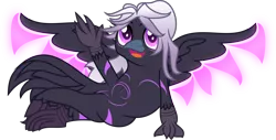 Size: 4029x2040 | Tagged: safe, artist:lincolnbrewsterfan, derpibooru import, oc, oc:shade the raven, bird, gryphon, raven (bird), derpibooru community collaboration, 2022 community collab, artificial wings, augmented, belly button, body markings, crossed legs, :d, derpibooru exclusive, eyebrows, feathered tail, female, furry, furry oc, griffon oc, hair, happy, image, inkscape, leaning, long hair, looking at you, magic, magic wings, markings, open mouth, open smile, png, pose, posing for photo, purple, purple eyes, shards, silver hair, simple background, smiling, smiling at you, spread wings, stripes, .svg available, tail, tail feathers, transparent background, vector, waving, waving at you, wings