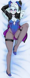 Size: 1280x3295 | Tagged: suggestive, artist:jennobasilicum, derpibooru import, trixie, equestria girls, absolute cleavage, arm behind head, breasts, bunny ears, bunny suit, cleavage, clothes, dakimakura cover, female, grin, image, jpeg, leotard, pantyhose, smiling, solo, solo female, stupid sexy trixie
